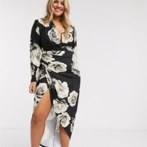 Zack Curve Black and white Floral Long Sleeve Dress with ruching and side slit
